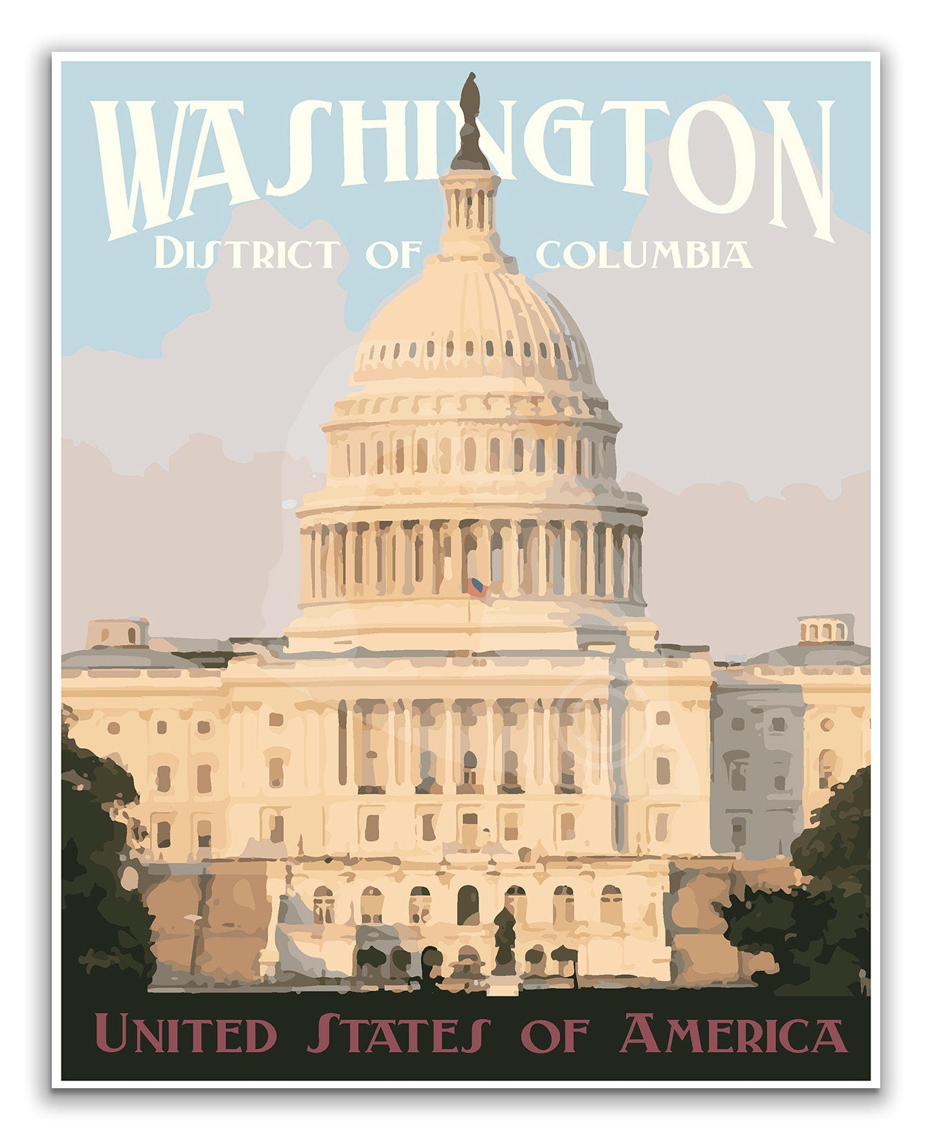 Washington DC Print, Washington DC Skyline Poster, Washington DC Vintage Style Travel Art