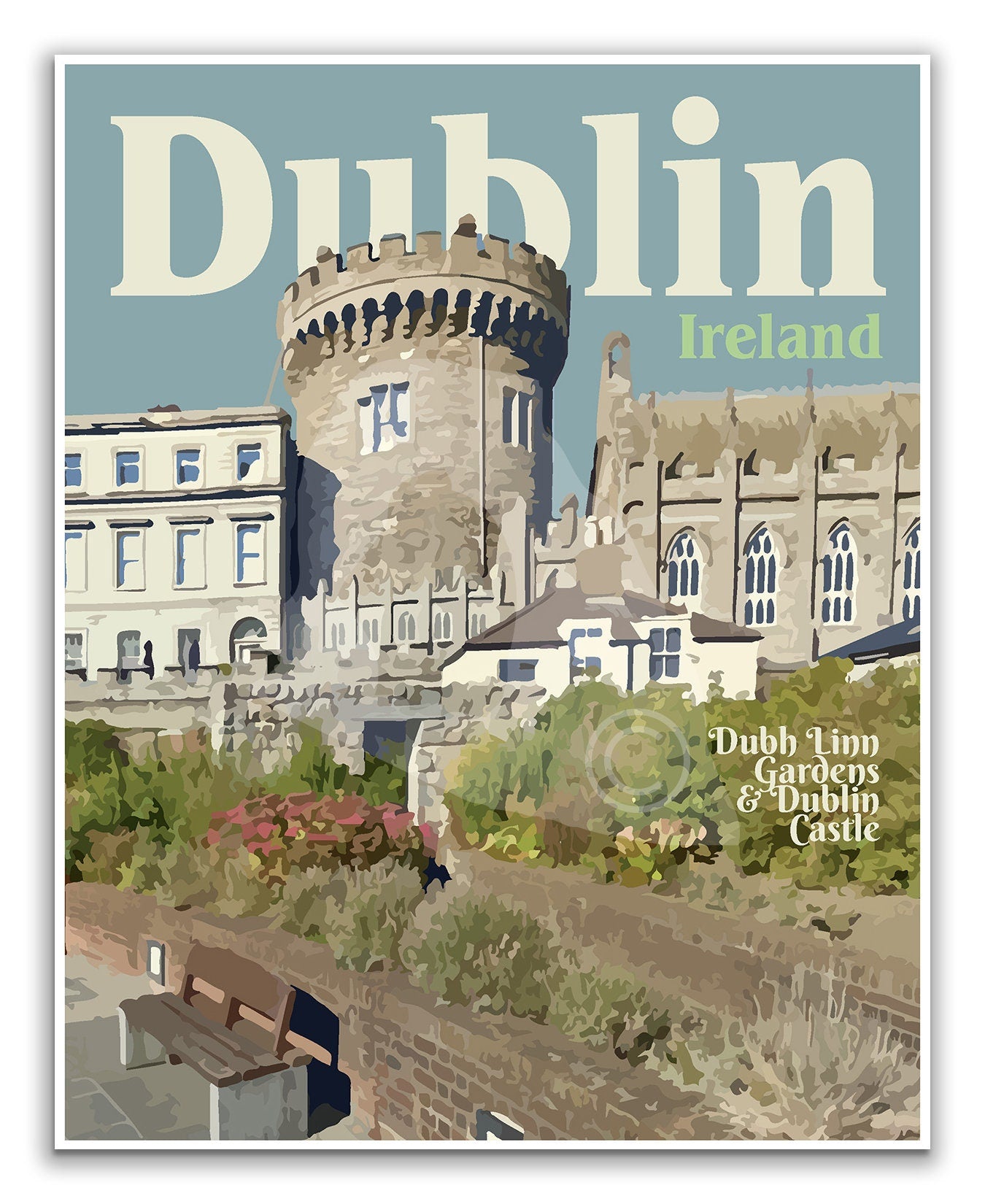 Dublin Ireland Print, Dublin Castle Poster, Dubh Linn Gardens Ireland Print, Ireland Vintage Style Art