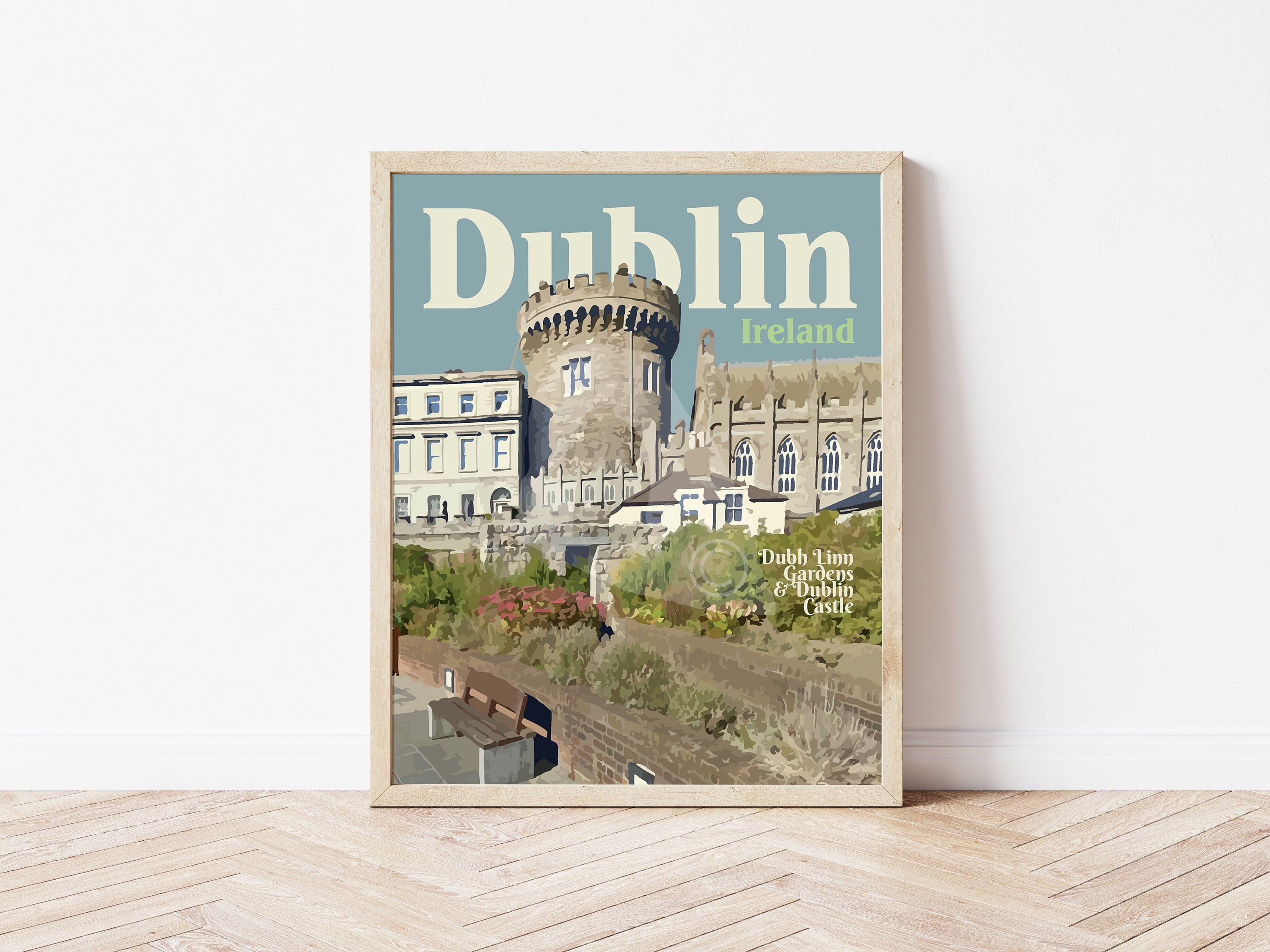 Dublin Ireland Print, Dublin Castle Poster, Dubh Linn Gardens Ireland Print, Ireland Vintage Style Art