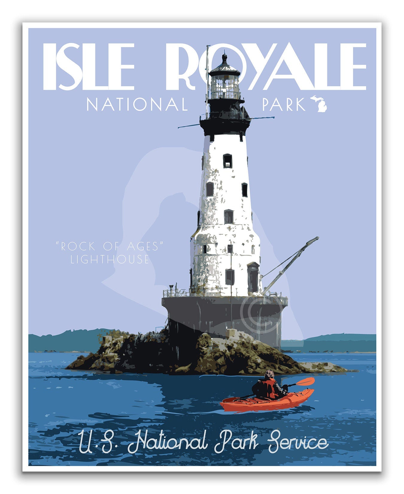 Isle Royale National Park Print, Isle Royale Lighthouse Print, Lake Superior Poster, Vintage Style Travel Art