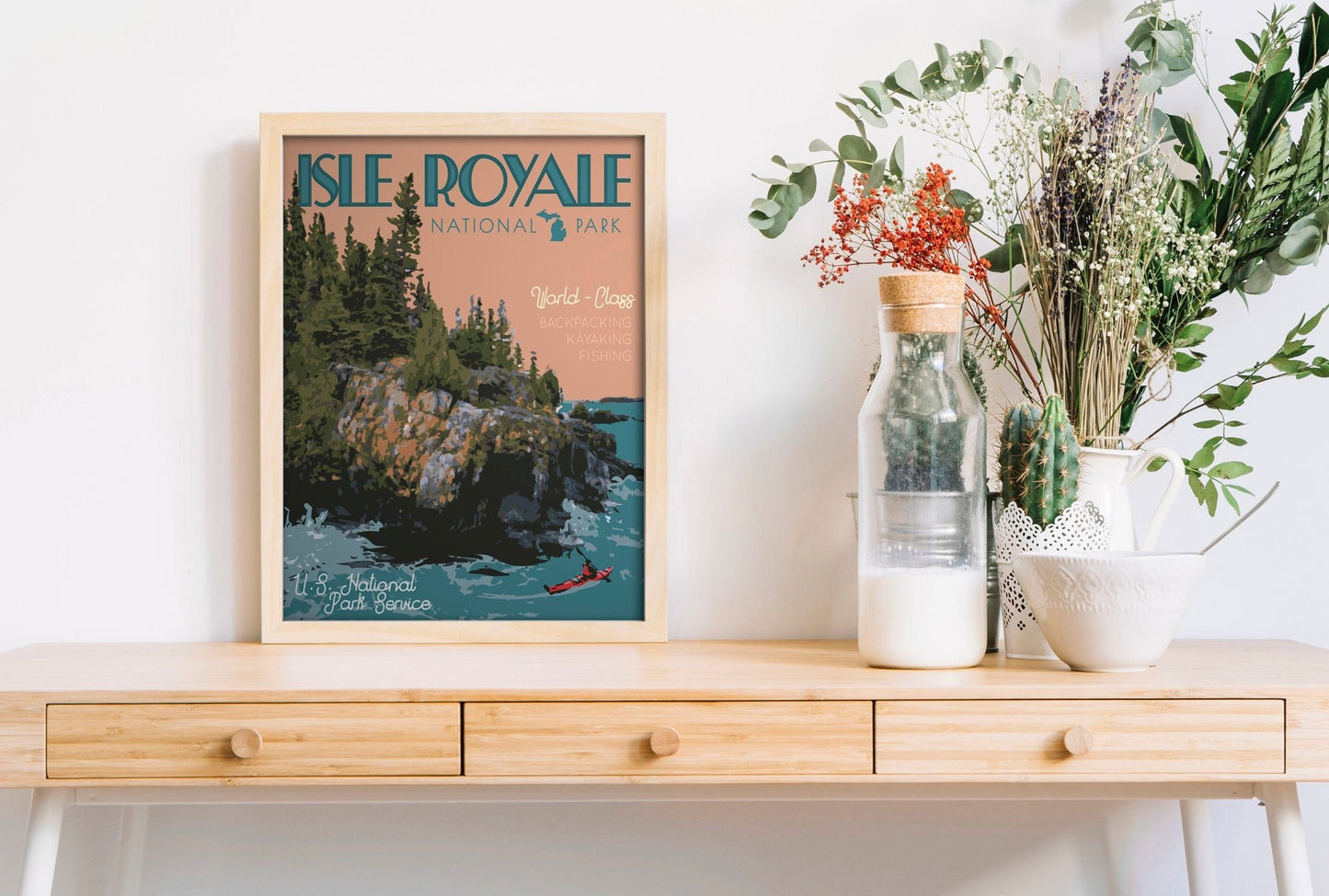 Isle Royale National Park Print, Isle Royale Kayak Poster, Lake Superior Print, Vintage Style Travel Art