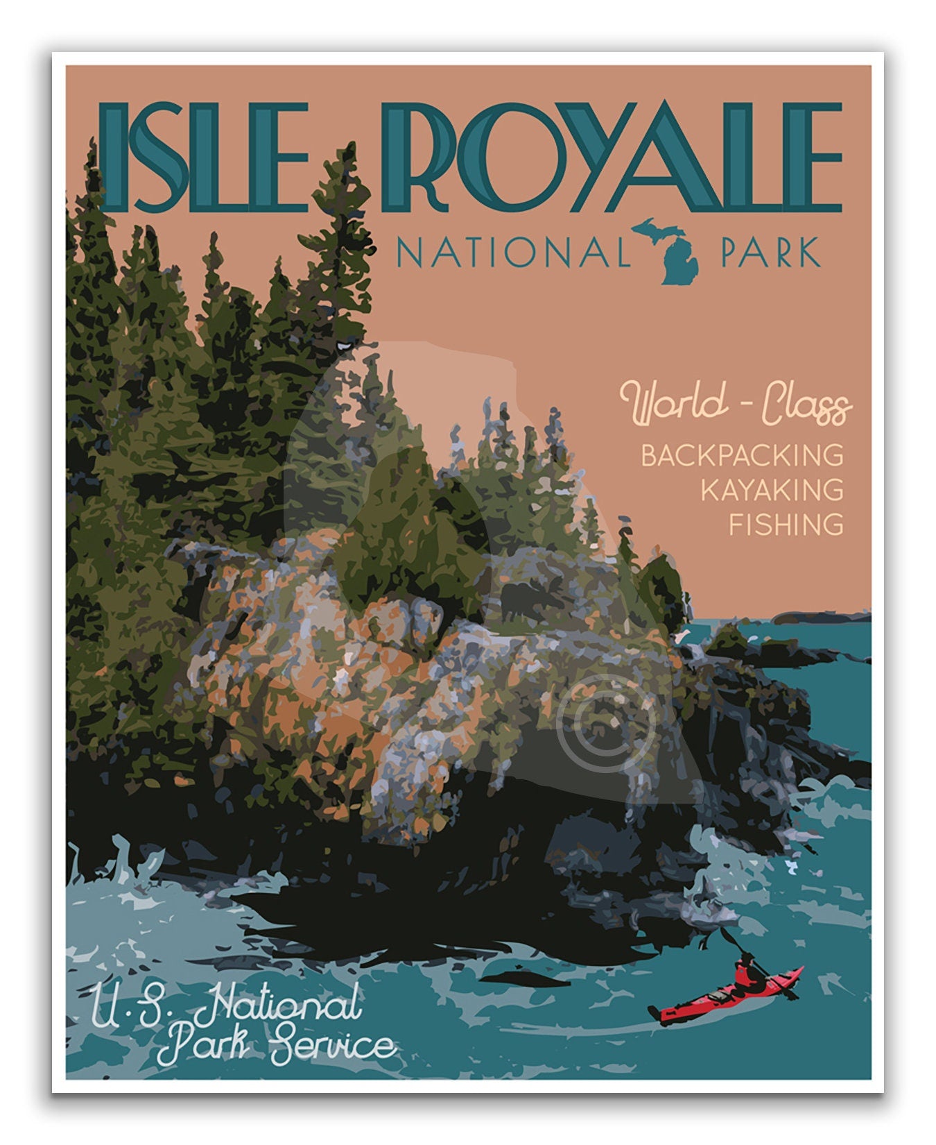 Isle Royale National Park Print, Isle Royale Kayak Poster, Lake Superior Print, Vintage Style Travel Art