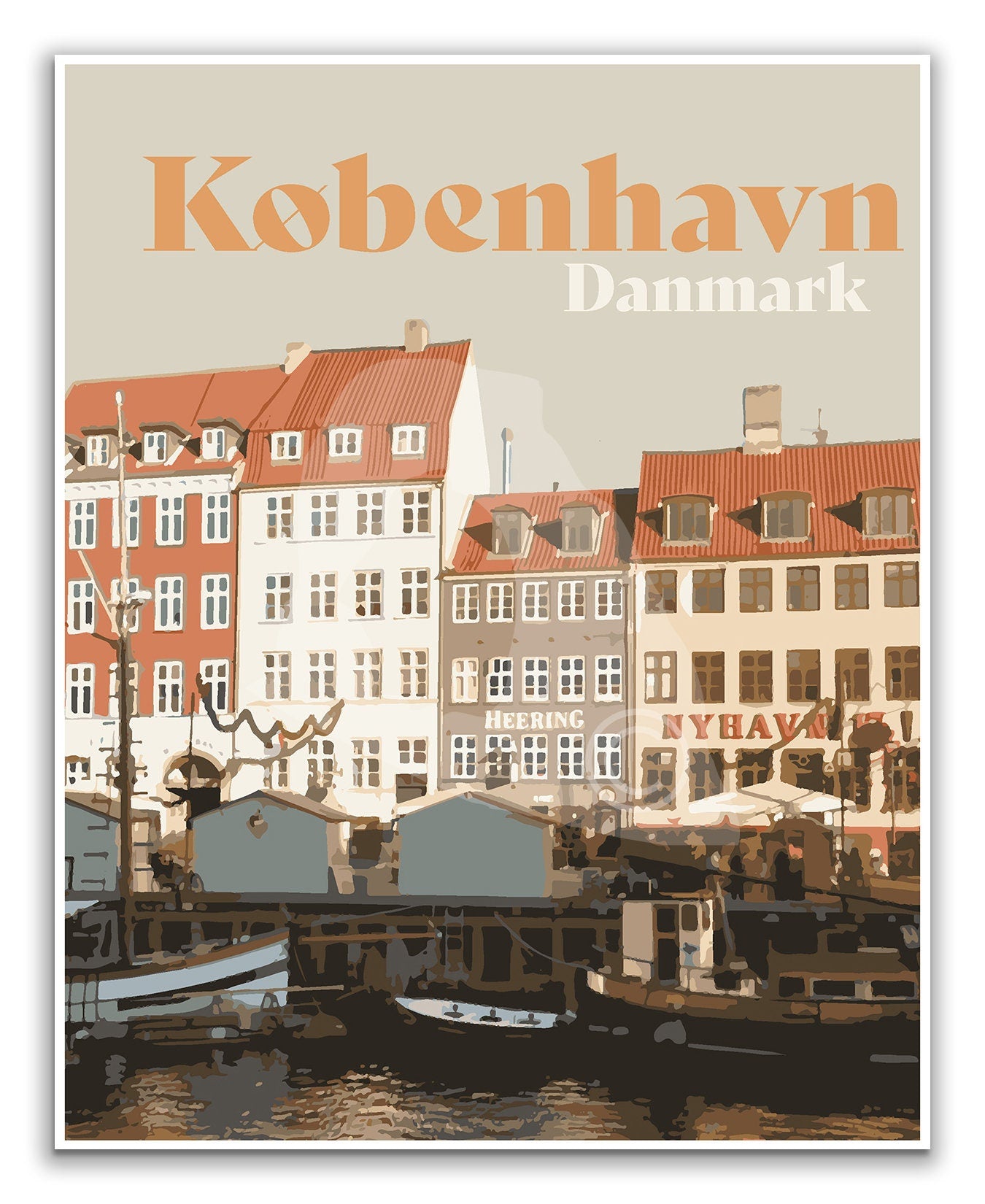Copenhagen Denmark Print, Nyhavn Copenhagen Denmark Poster, Denmark Vintage Style Travel Art