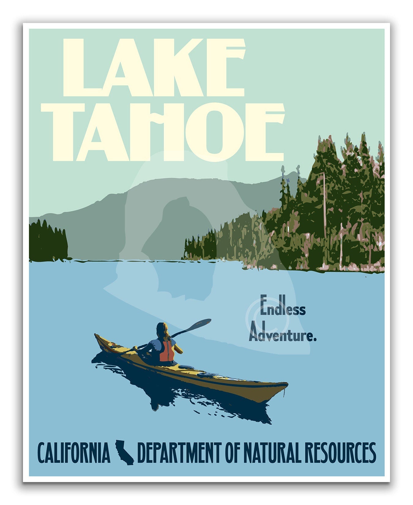 Lake Tahoe Print, Lake Tahoe Canoe Poster, Vintage Style Travel Art