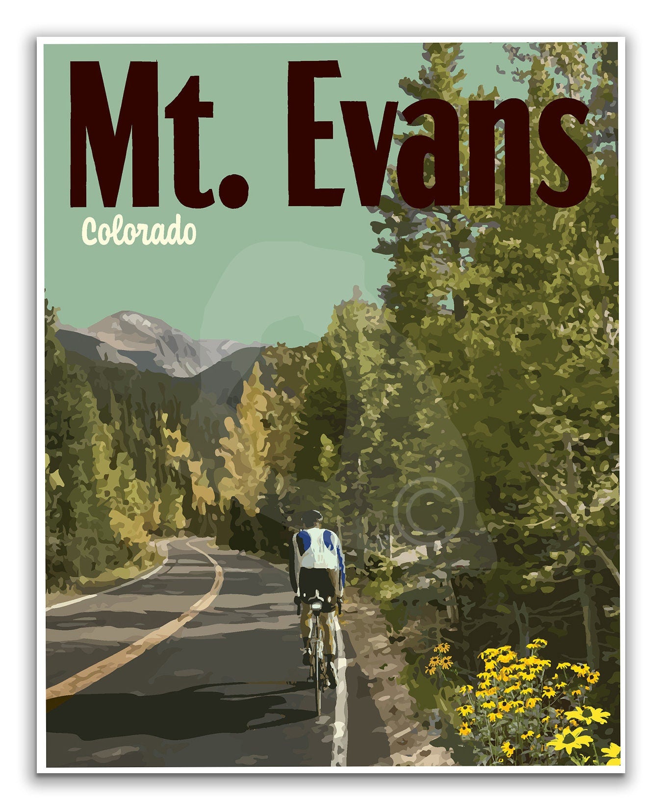 Mount Evans Print, Mt Evans Colorado Poster, Colorado Biking Print, Vintage Style Travel Art