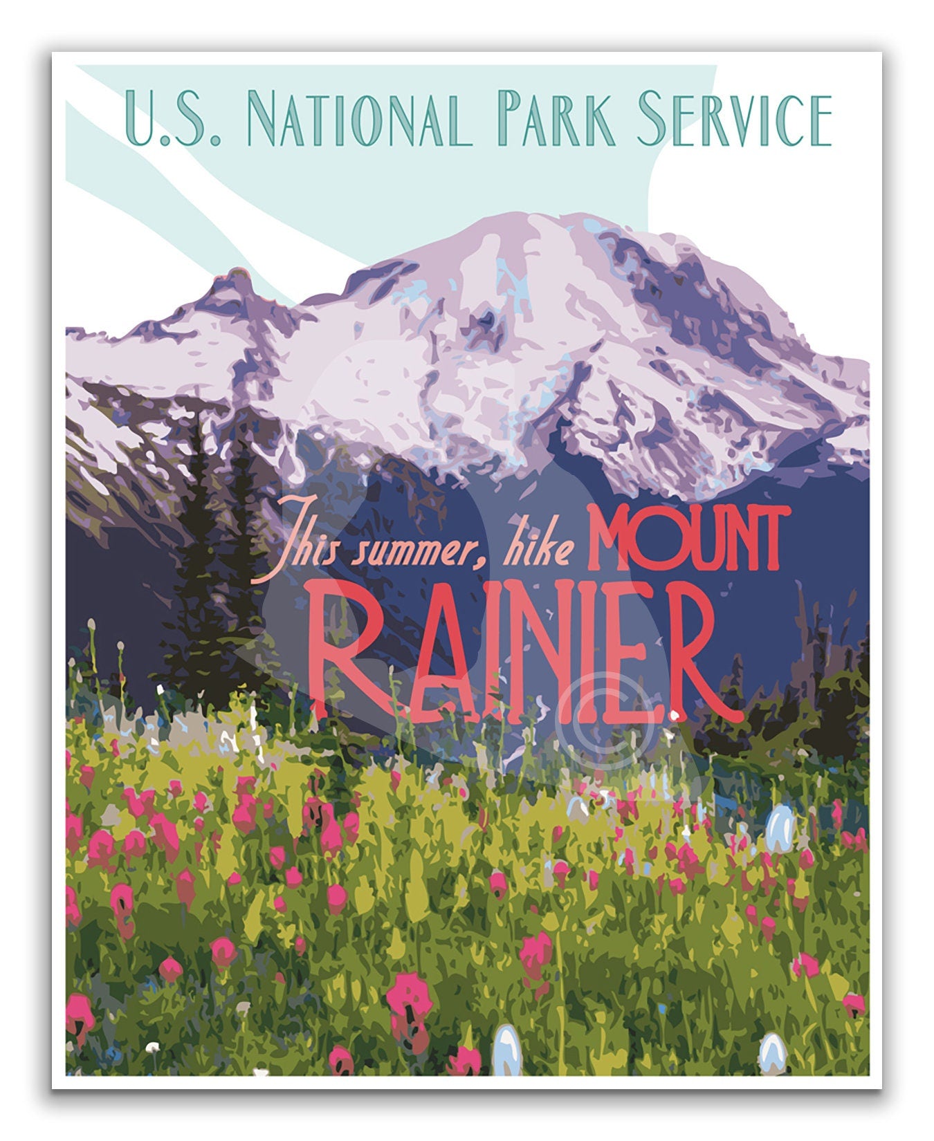 Mount Rainier National Park Print, Mount Rainier Washington Wildflower Poster, Vintage Style Travel Art