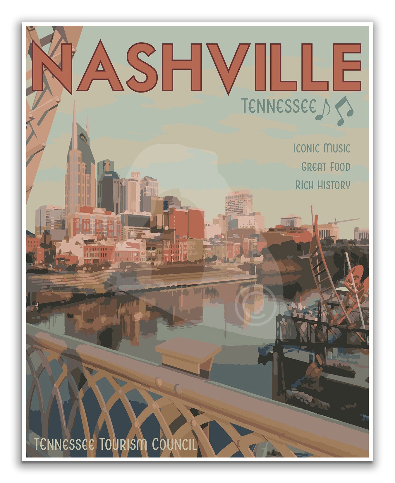 Nashville Tennessee Print, Nashville City Poster, Vintage Style Travel Art