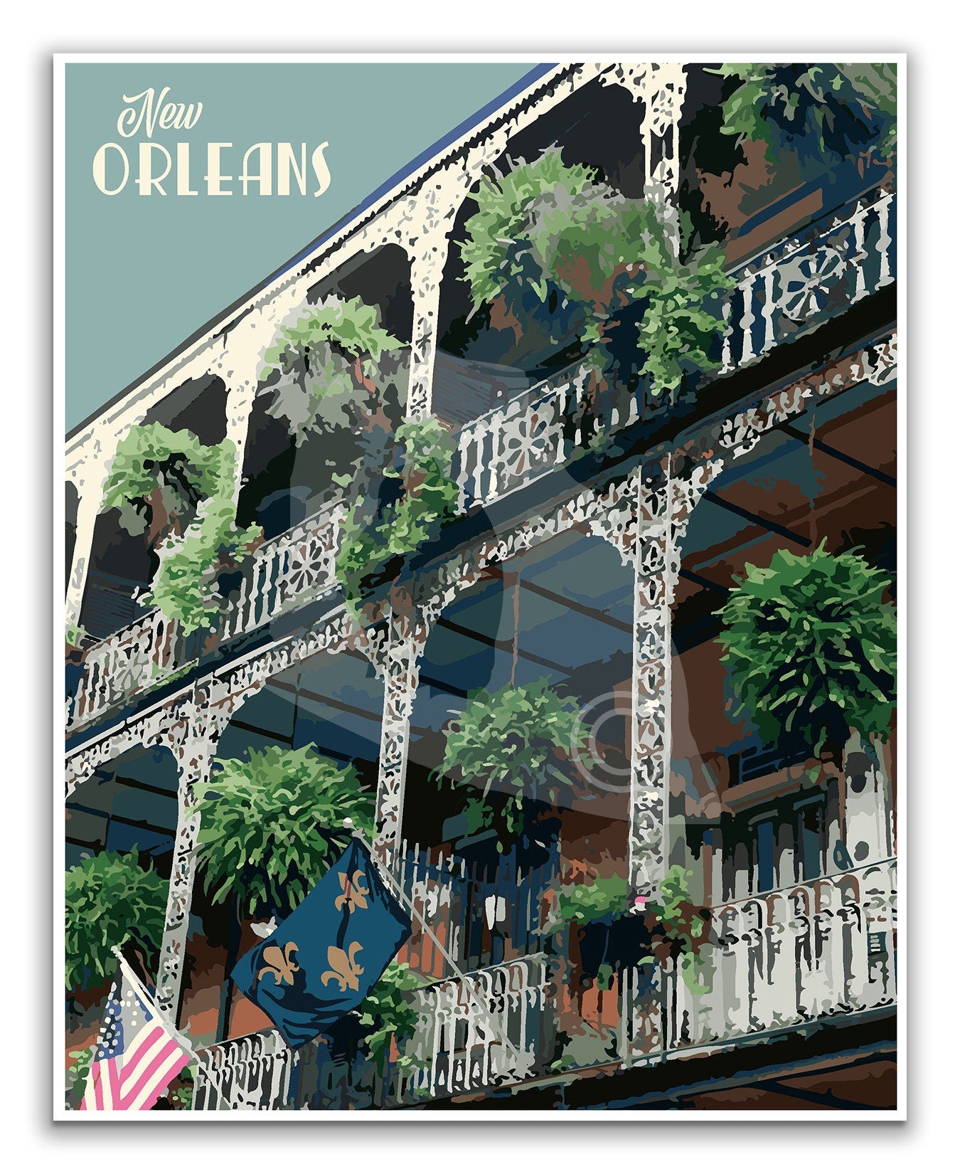 New Orleans Print, New Orleans French Quarters Poster, Vintage Style Travel Art