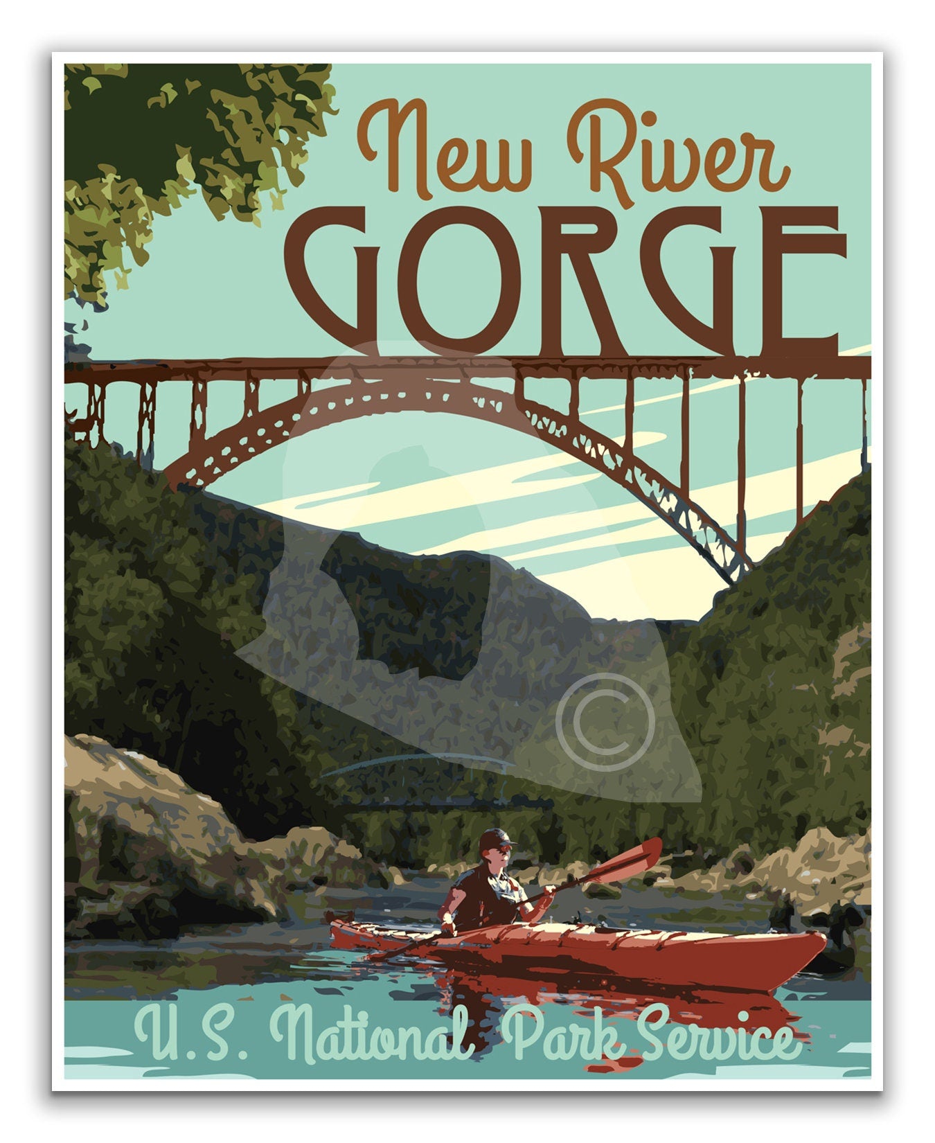 New River Gorge National Park Print, New River Gorge West Virginia Poster, Vintage Style Travel Art