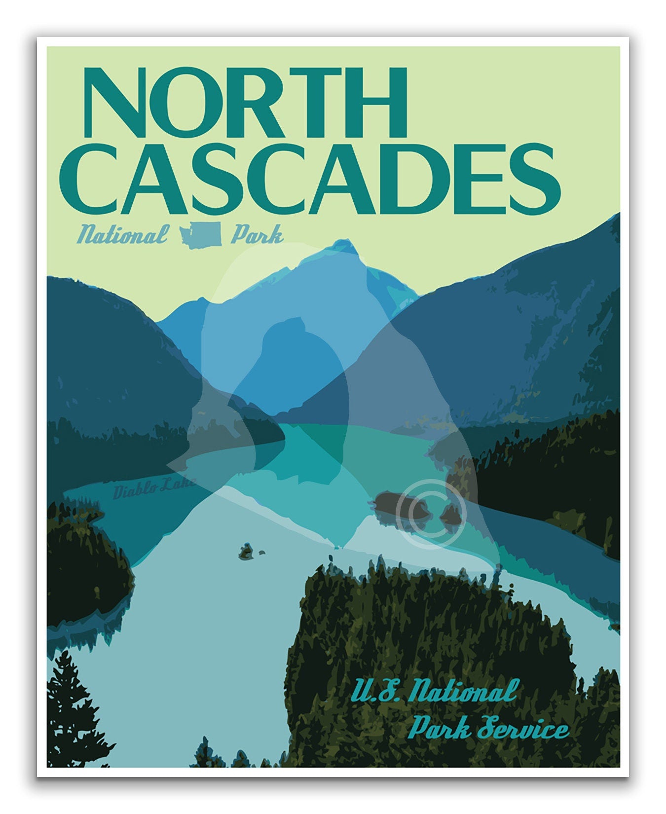 North Cascades National Park Print, North Cascades Washington Poster, Vintage Style Travel Art