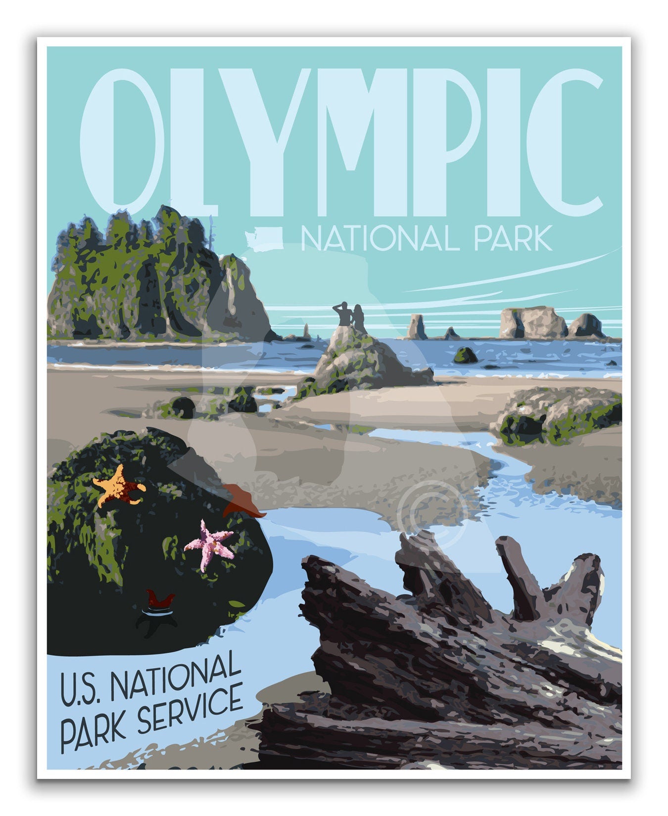 Olympic National Park Print, Olympic Washington Beach Poster, Olympic National Park Sea Stacks Print, Vintage Style Travel Art