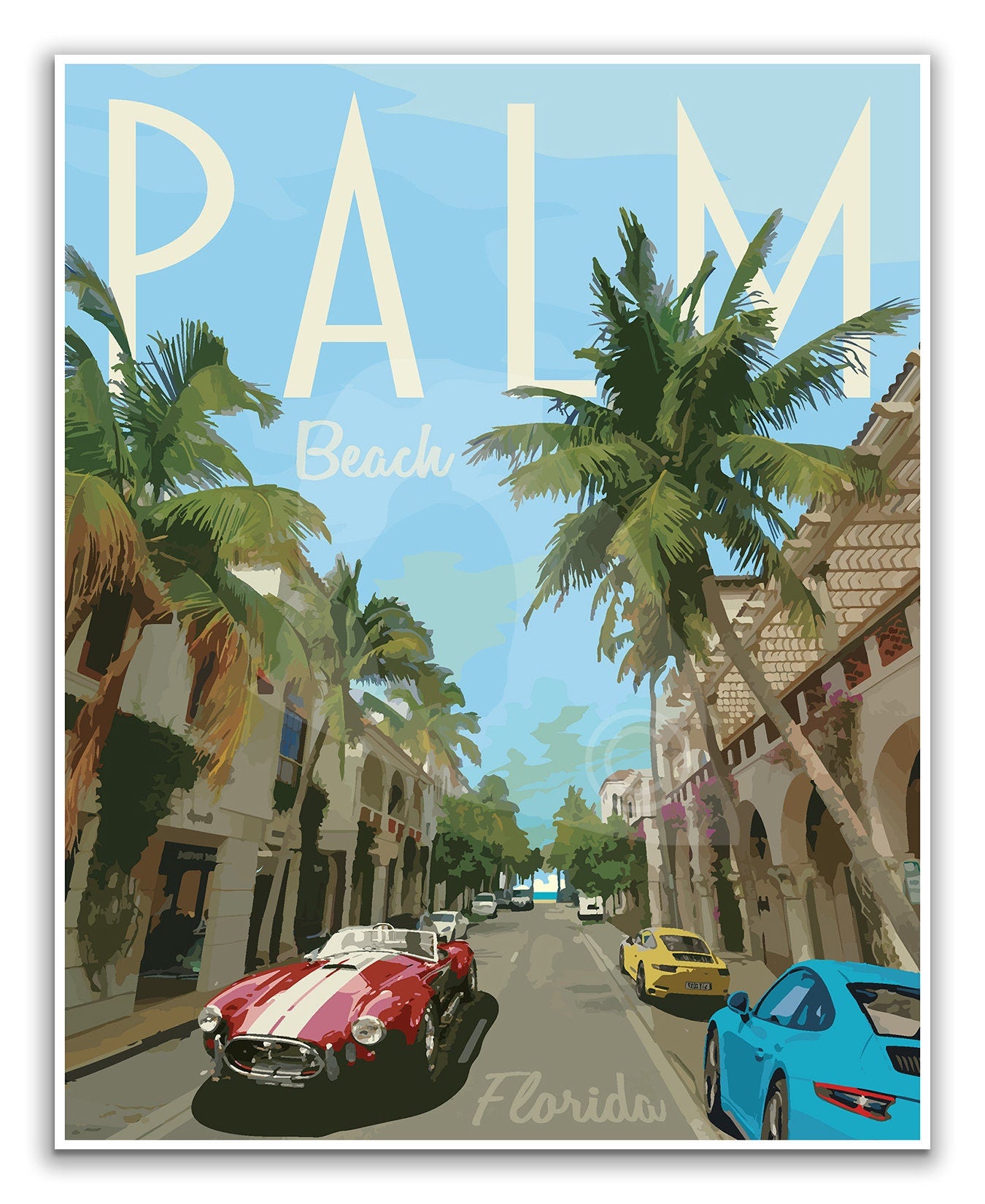 Palm Beach Florida Print, Palm Beach Car Poster, Florida Vintage Style Travel Art