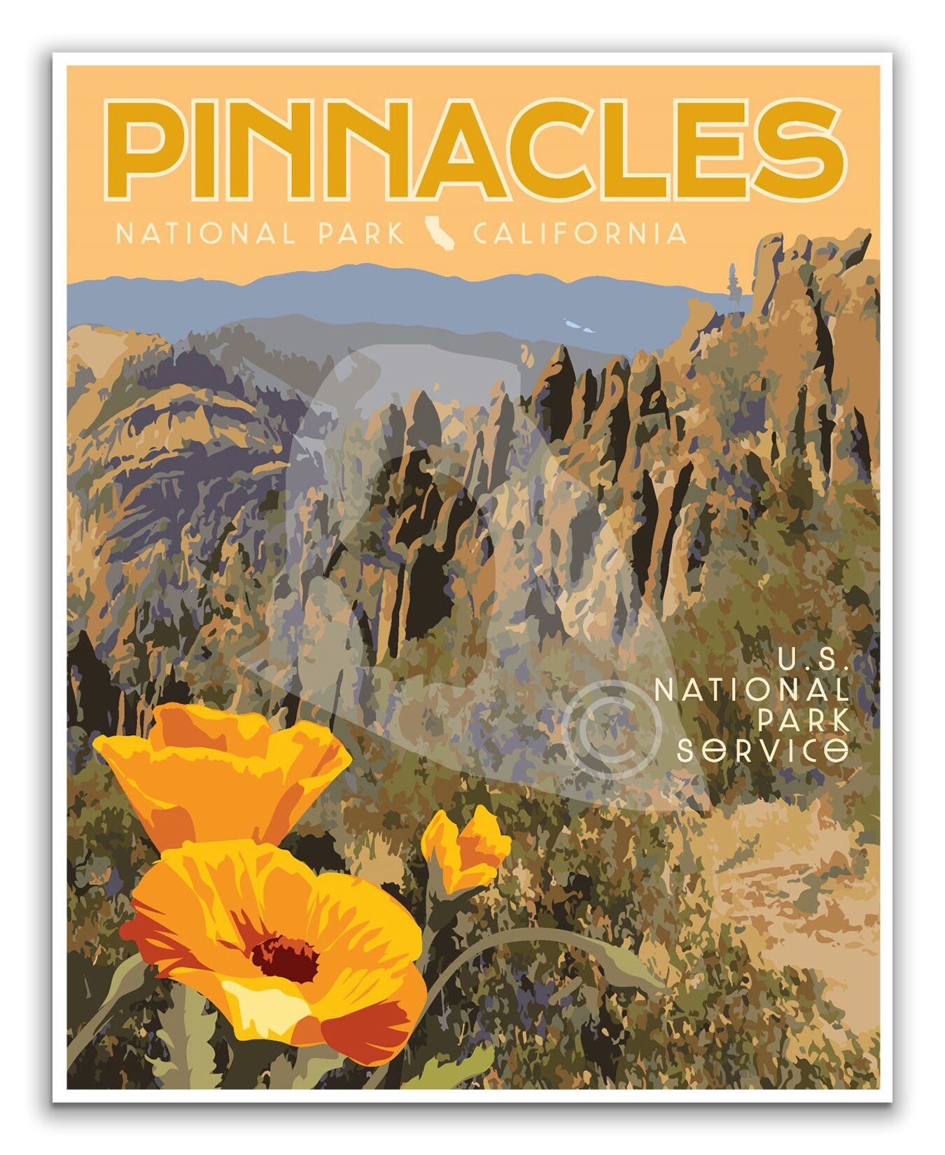 Pinnacles National Park Print,  Pinnacles National Park California Poster, Vintage Style Travel Art