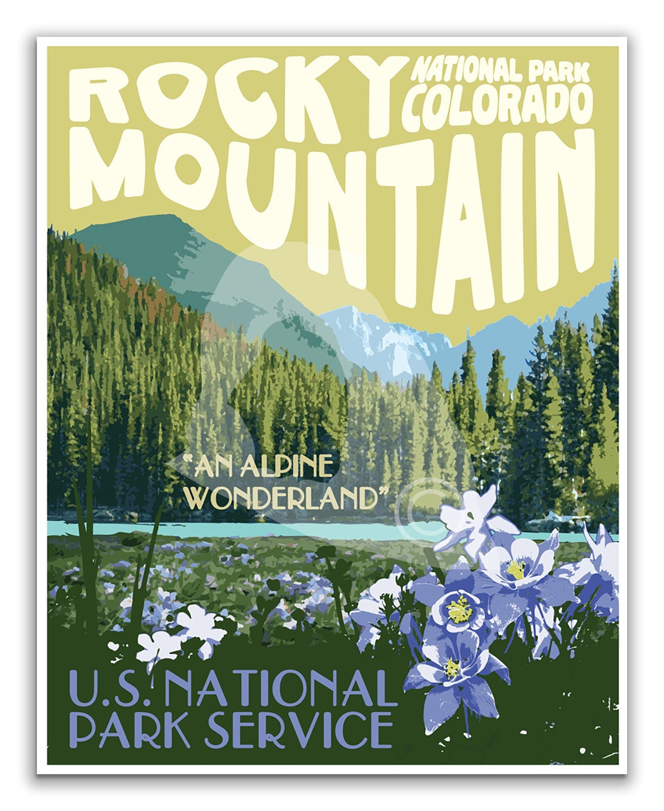 Rocky Mountain National Park Print, Rocky Mountain Colorado Poster, Colorado Wildflowers, Vintage Style Travel Art