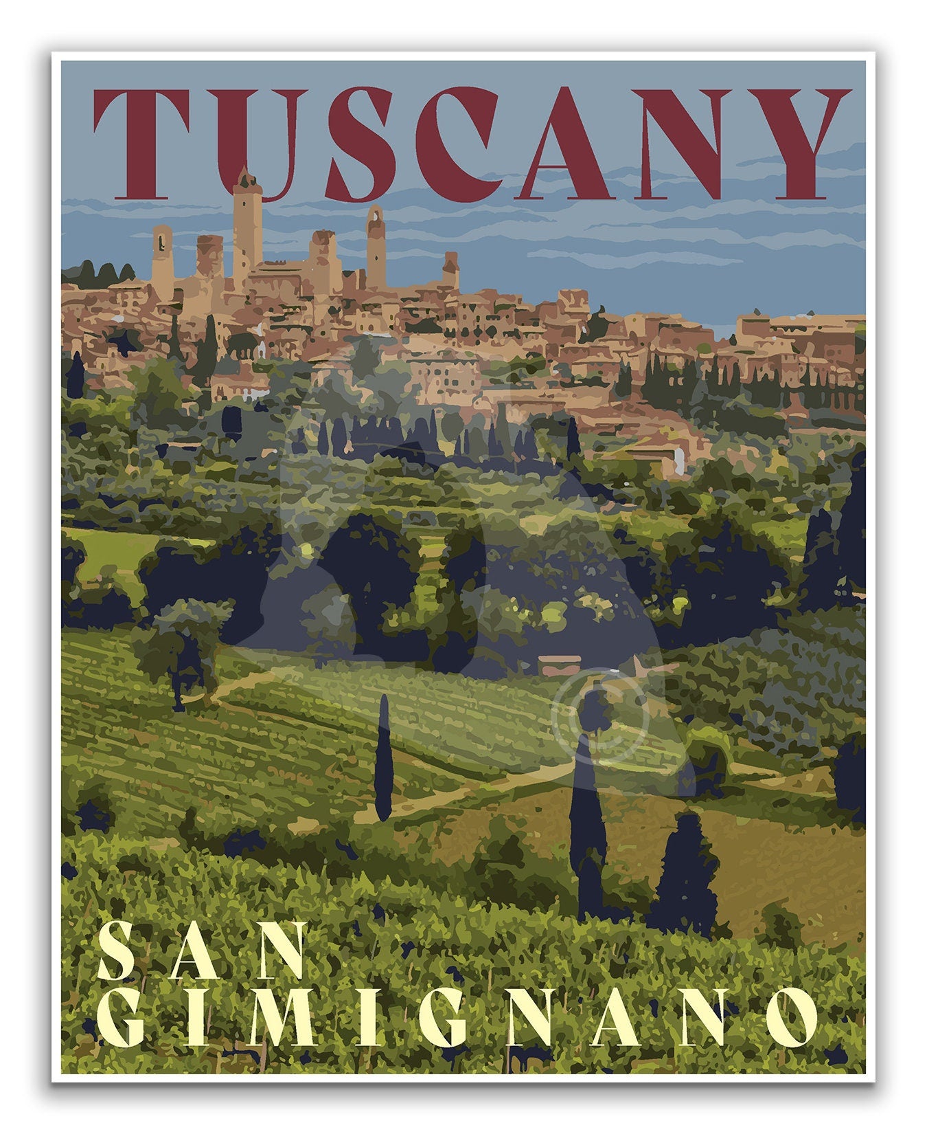 San Gimignano Print, Tuscany Italy Poster, Vintage Style Travel Art