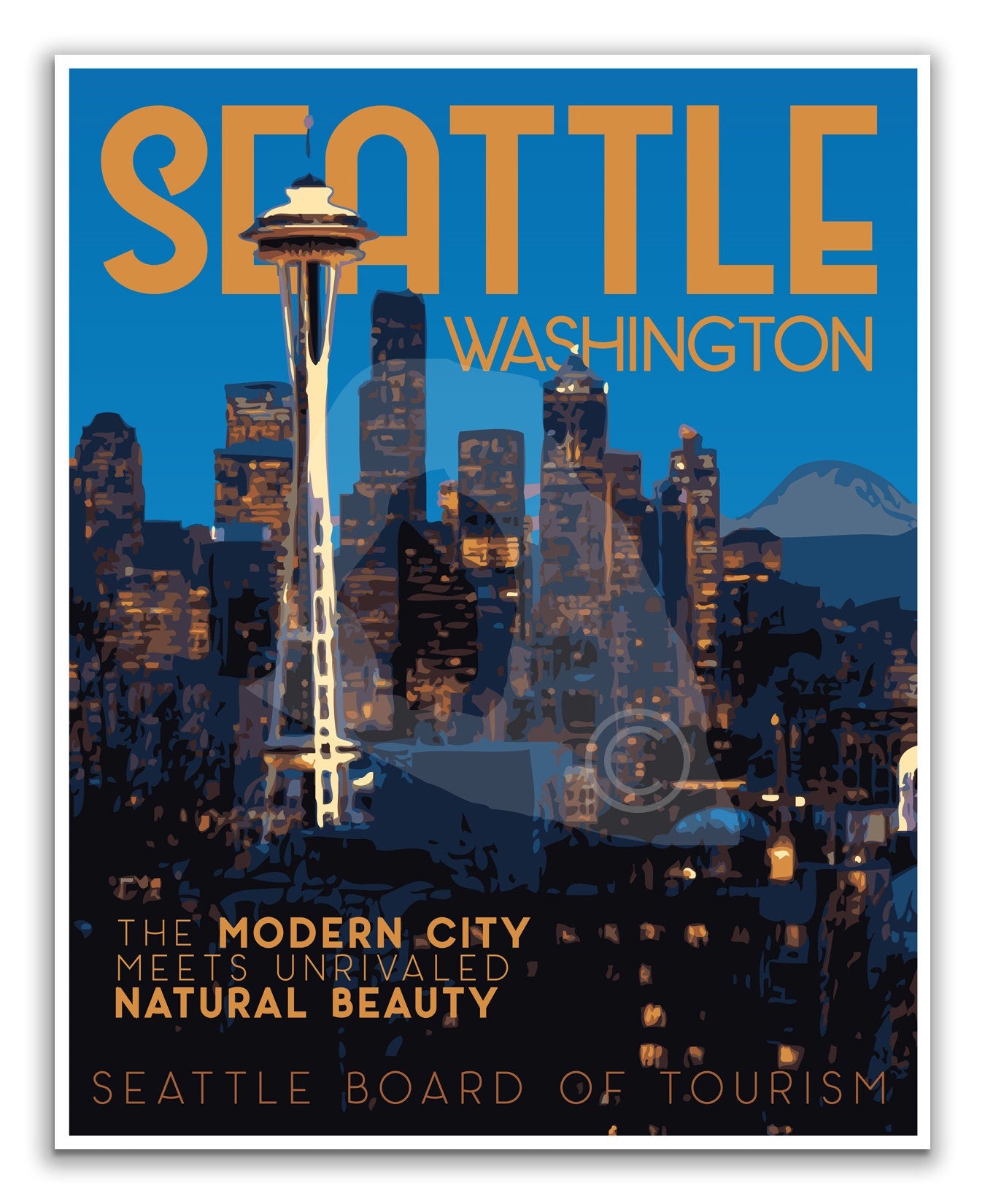 Seattle Washington Print, Seattle Washington Space Needle Poster, Vintage Style Travel Art