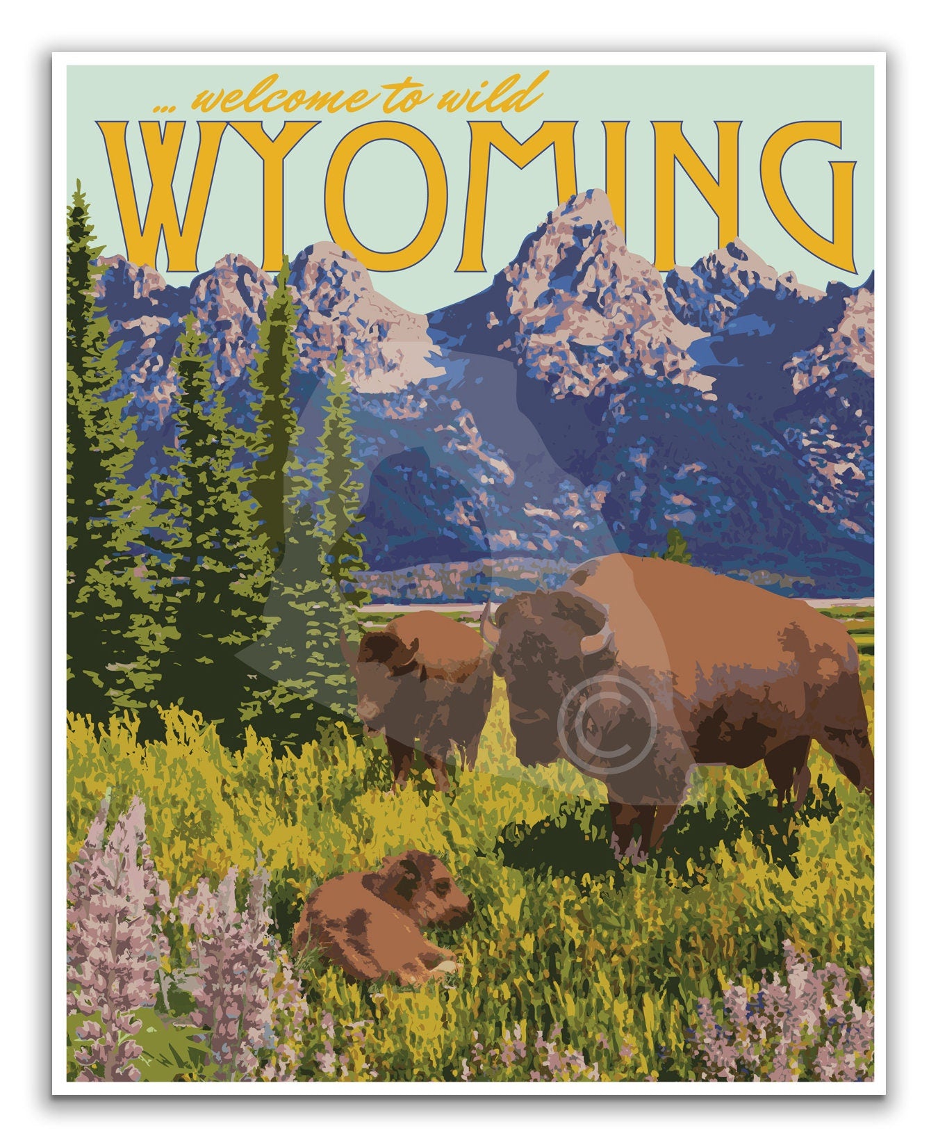 Wyoming Mountains Print, Wyoming Grand Tetons Poster, Vintage Style Travel Art