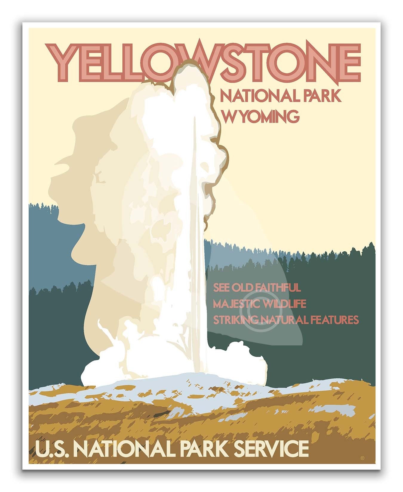 Yellowstone National Park Print, Yellowstone National Park Wyoming Poster, Old Faithful Print, Vintage Style Travel Art