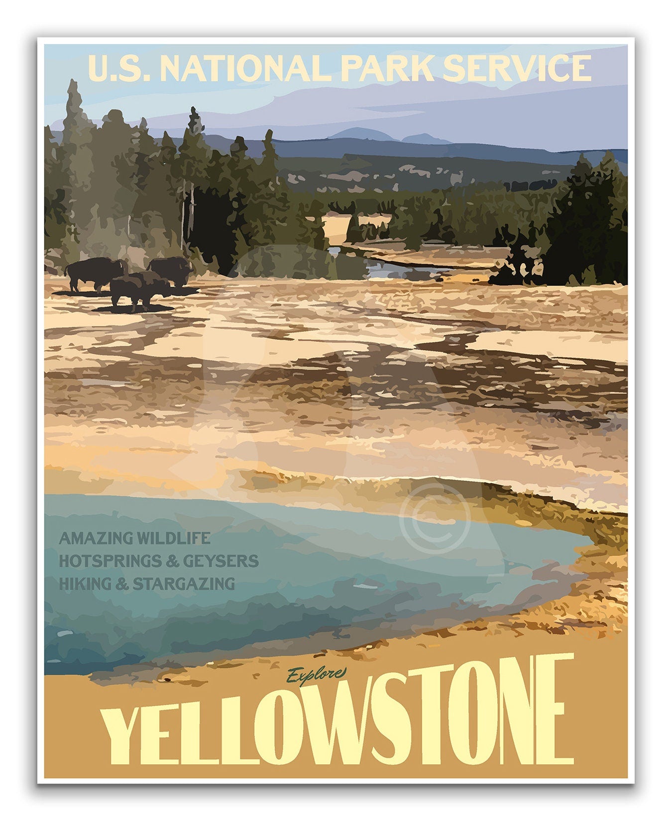 Yellowstone National Park Print, Yellowstone Wyoming Poster, Yellowstone Hot Springs Print, Vintage Style Travel Art