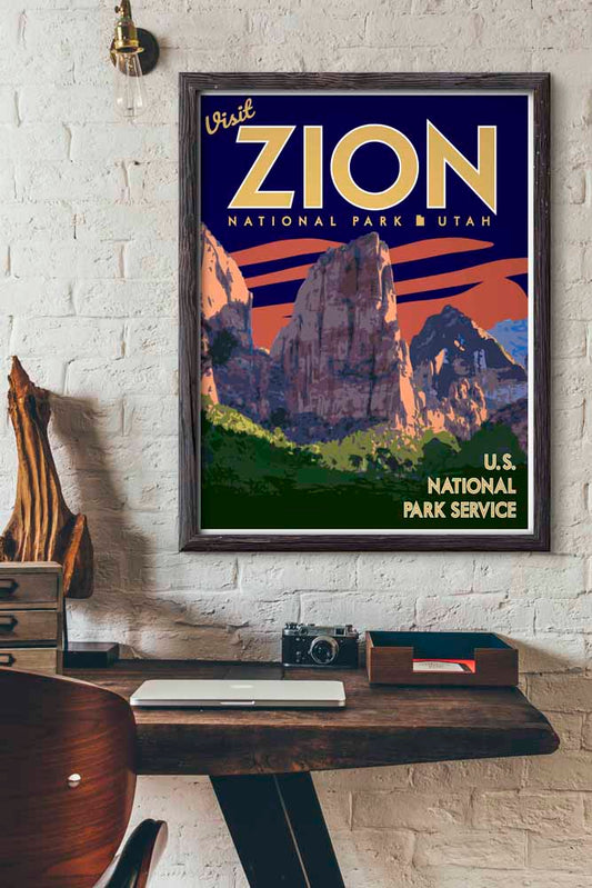 Zion National Park Print,  Zion Utah Poster, Utah Blue Sky Vintage Style Travel Art