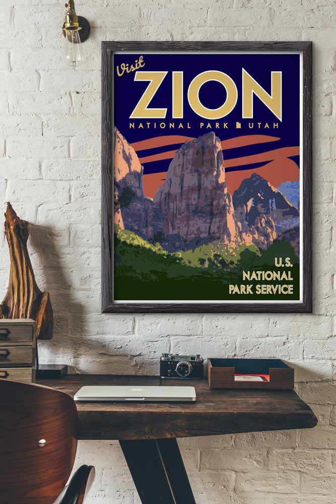 Zion National Park Print,  Zion Utah Poster, Utah Blue Sky Vintage Style Travel Art